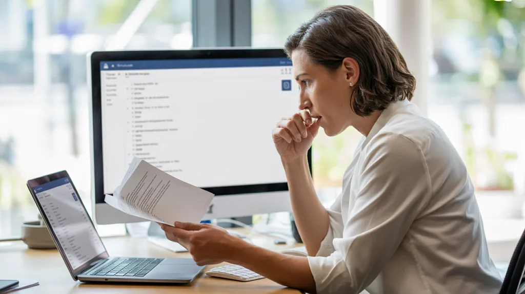 Business professional reviewing emails on a laptop in a bright office with a security alert on a second monitor — illustrating the threat of AI-powered phishing attacks in the workplace