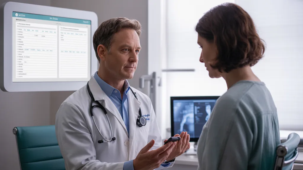 Physician conducting patient consultation while ambient AI scribe automatically generates clinical documentation — illustrating the ambient AI scribe boom in US healthcare 2026