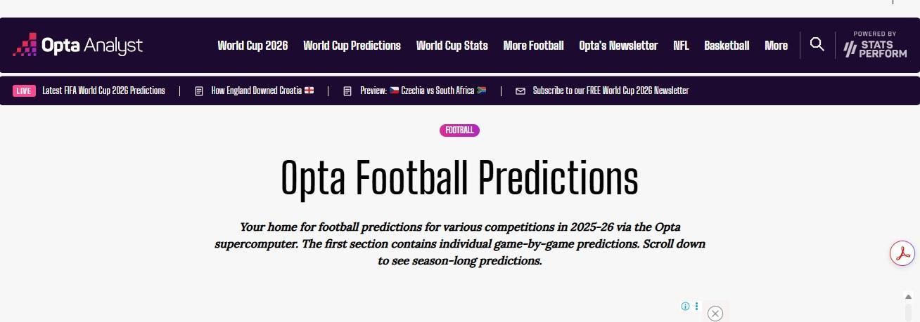 Opta Analyst Opta Football Predictions page powered by Stats Perform, listing World Cup 2026 predictions