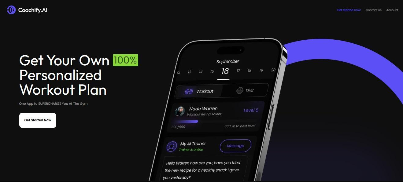 Coachify.AI homepage promoting a 100% personalized workout plan, with a phone mockup showing its AI workout and diet tracker