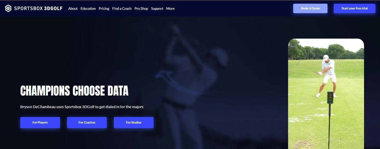 Sportsbox 3DGolf homepage headlined "Champions Choose Data", showing a golfer mid-swing analyzed on a course