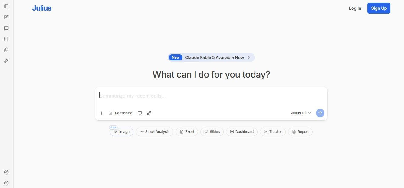 Julius AI homepage chat interface asking "What can I do for you today?" with data analysis tool shortcuts