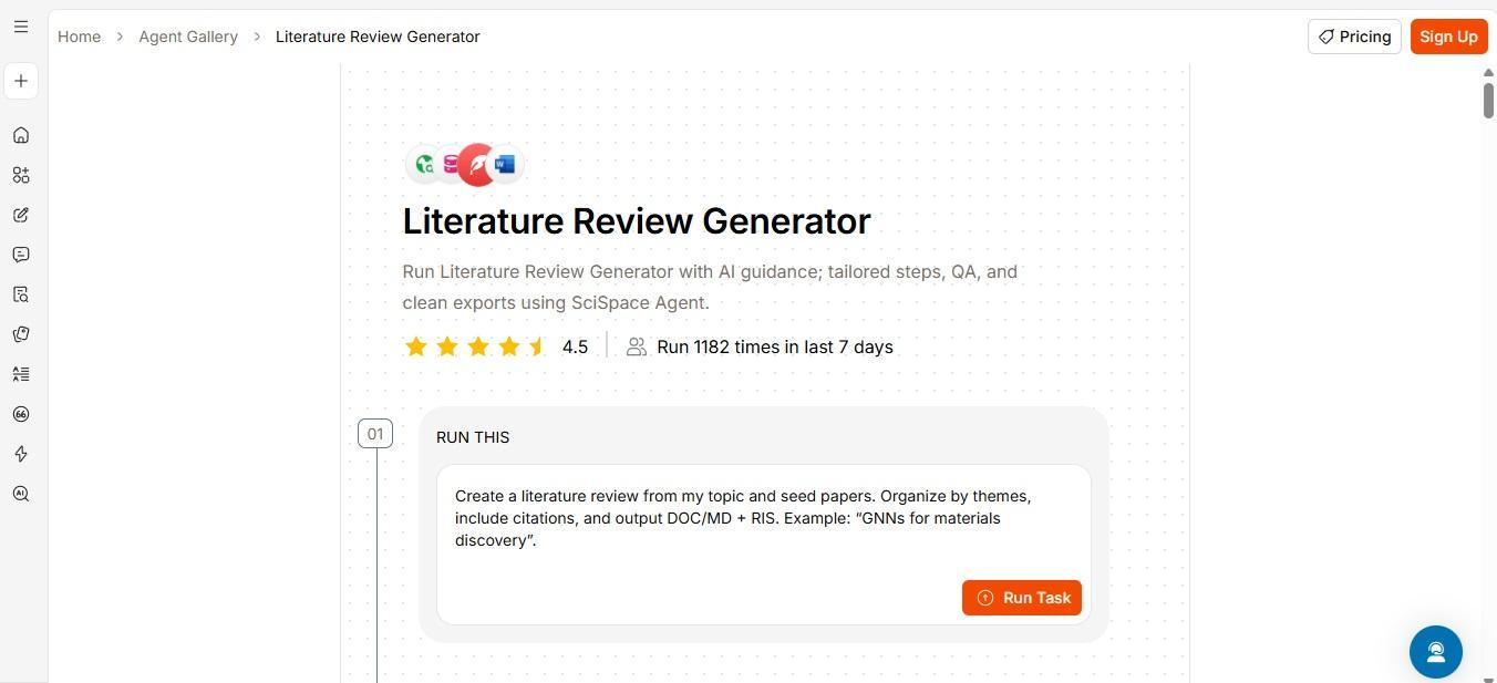 Julius Literature Review Generator agent page in the Agent Gallery, with a prompt box and Run Task button