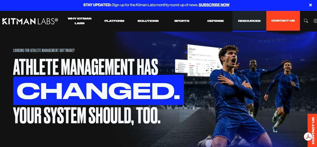 Kitman Labs homepage headlined "Athlete Management Has Changed", showing a soccer player celebrating a goal