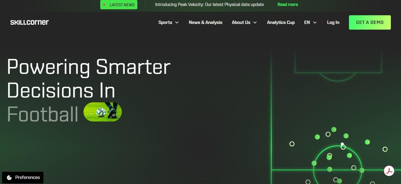 SkillCorner homepage headlined "Powering Smarter Decisions In Football", with a football pitch tracking visualization