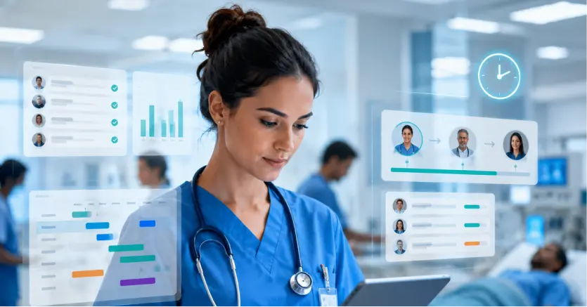 Female healthcare professional in blue scrubs reviewing digital patient records and clinical analytics in a modern medical facility.