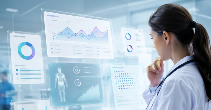 Female doctor reviewing digital healthcare dashboards with medical charts, patient data, and diagnostic imaging.