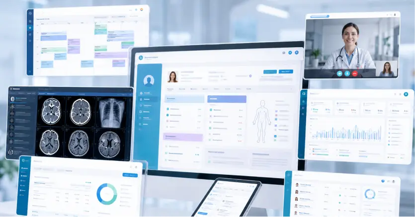 Digital healthcare platform displaying patient records, medical imaging, analytics dashboards, and a telemedicine consultation.