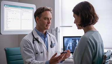 Doctor in a white coat consulting a female patient in a clinic, with a digital medical records interface overlaid on the left