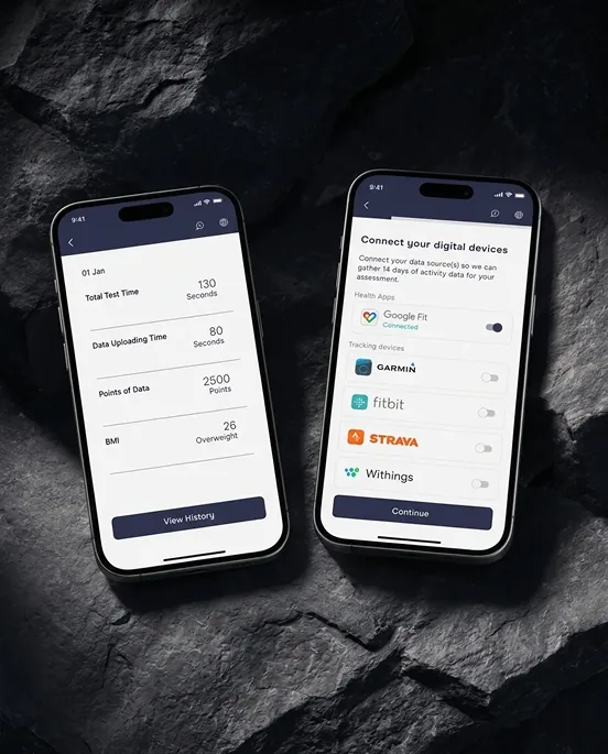Two smartphones showing a health assessment app: a screen with test time, data points and BMI stats, and a "Connect your digital devices" screen linking Google Fit, Garmin, Fitbit, Strava, and Withings