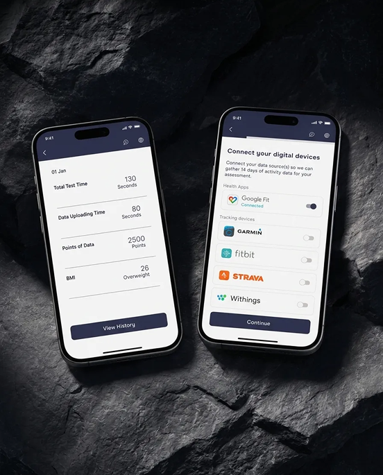 Two smartphones showing a health assessment app: a screen with test time, data points and BMI stats, and a "Connect your digital devices" screen linking Google Fit, Garmin, Fitbit, Strava, and Withings