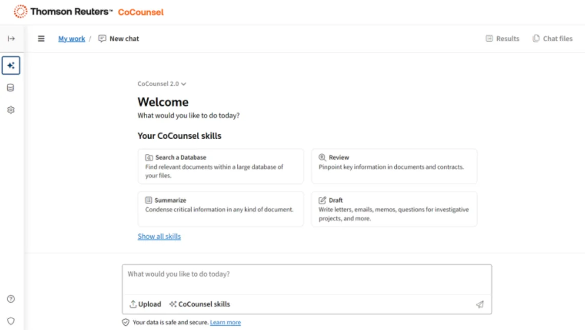 CoCounsel welcome screen showing its Search a Database, Review, Summarize and Draft legal AI skills