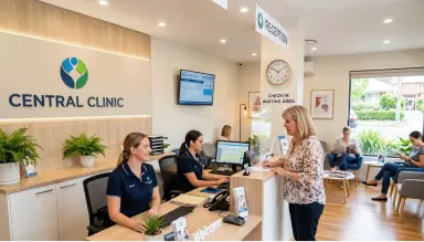 Healthcare clinic reception with staff assisting patients