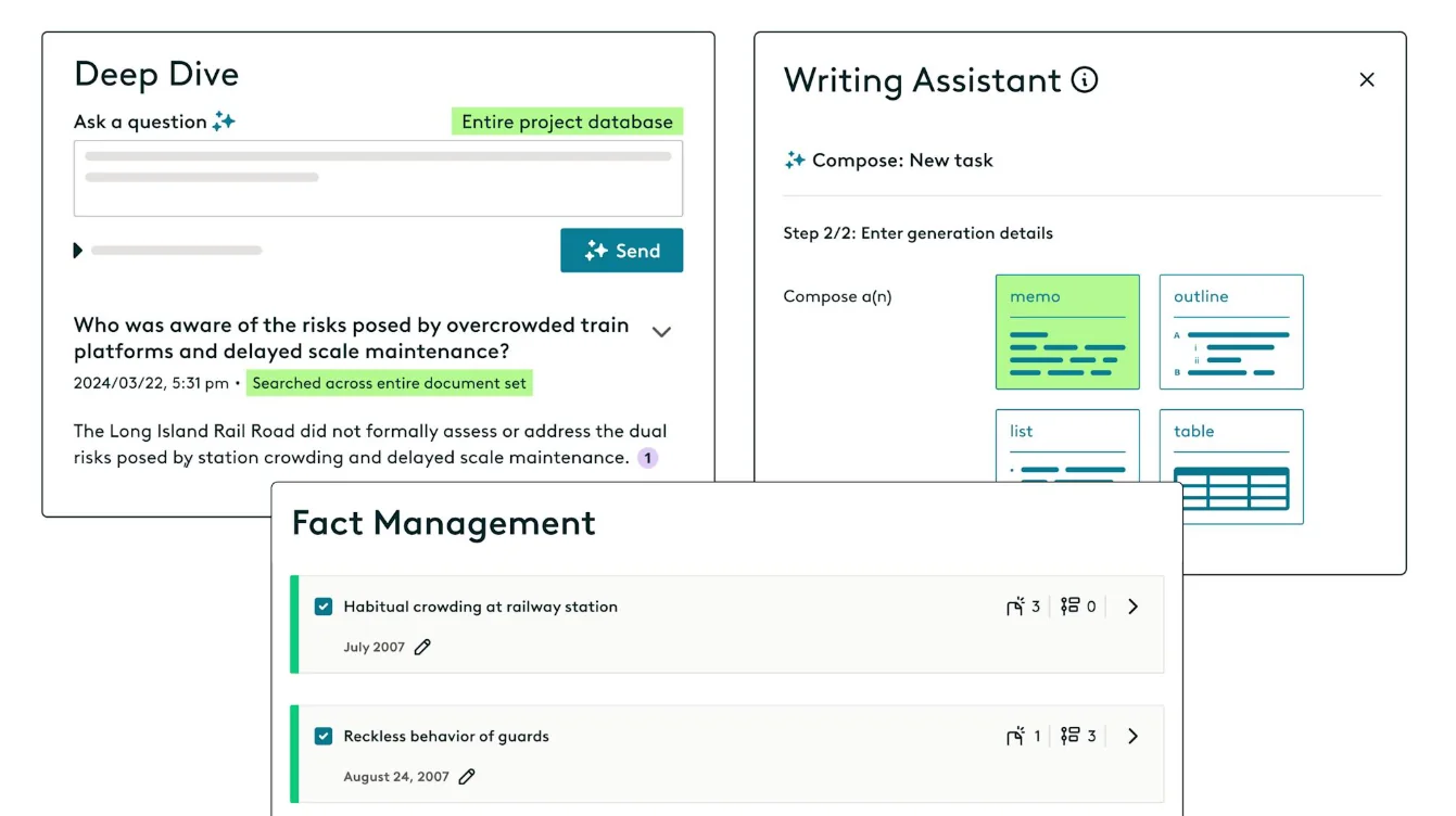 Everlaw Deep Dive question answering, Writing Assistant composer and Fact Management panels