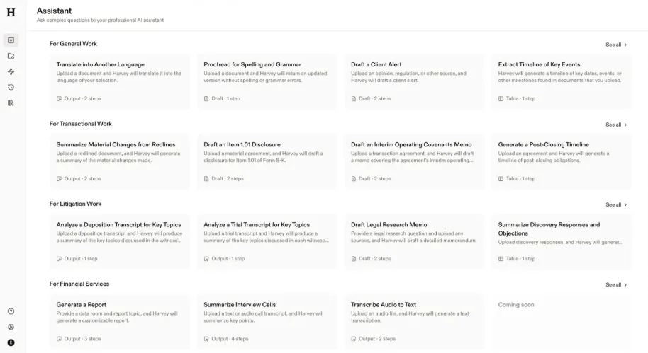 Harvey AI assistant dashboard with prompt templates for general, transactional, litigation and financial legal work