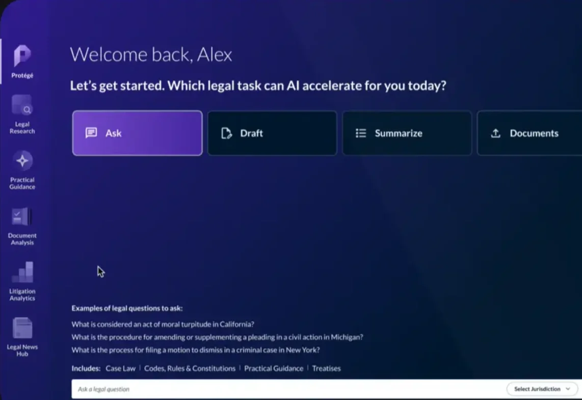 Lexis+ AI Protégé home screen with Ask, Draft, Summarize and Documents options and sample legal questions