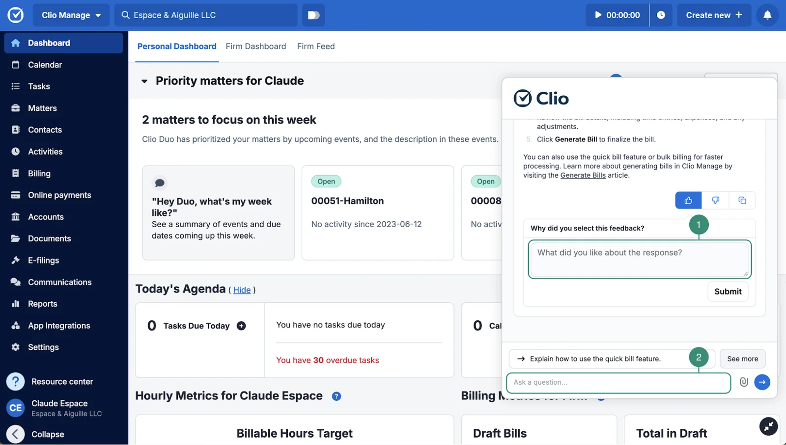Clio Manage personal dashboard with the Manage AI assistant panel answering a question about generating bills