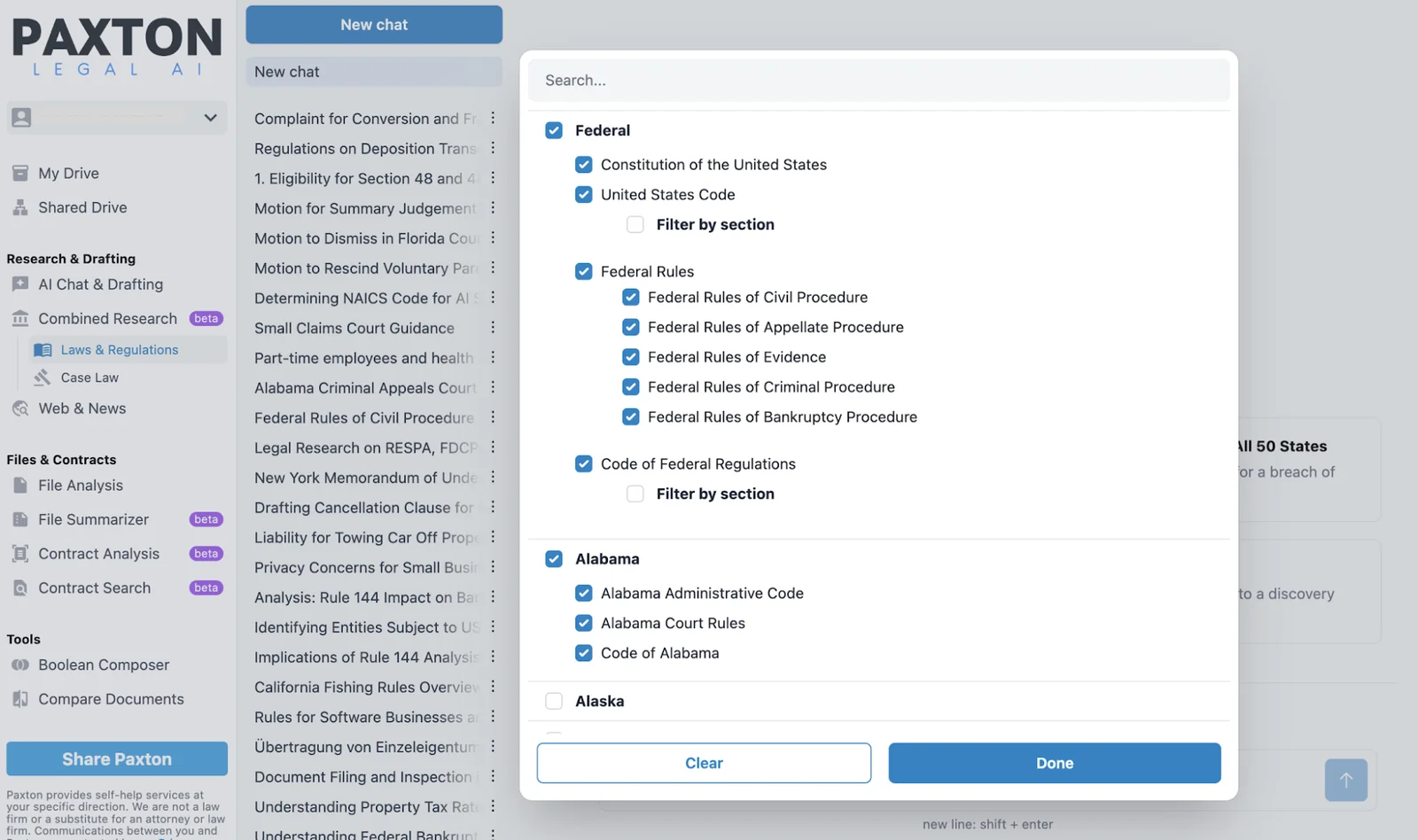 Paxton Legal AI research interface with a jurisdiction picker for federal and state laws and regulations