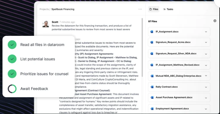 Spellbook reviewing a financing dataroom, listing potential contract issues alongside a panel of 97 files