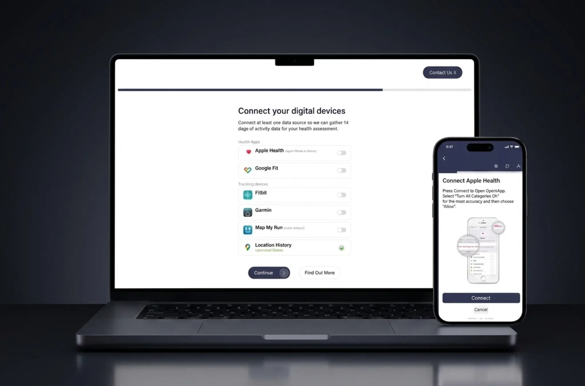 Laptop and smartphone showing an employee wellness app: a "Connect your digital devices" screen with health-app toggles and a "Connect Apple Health" instruction screen on the phone