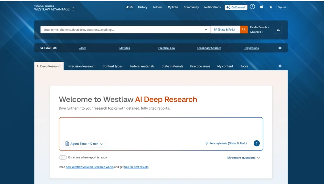 Westlaw Advantage AI Deep Research page with a query box for generating fully cited legal research reports