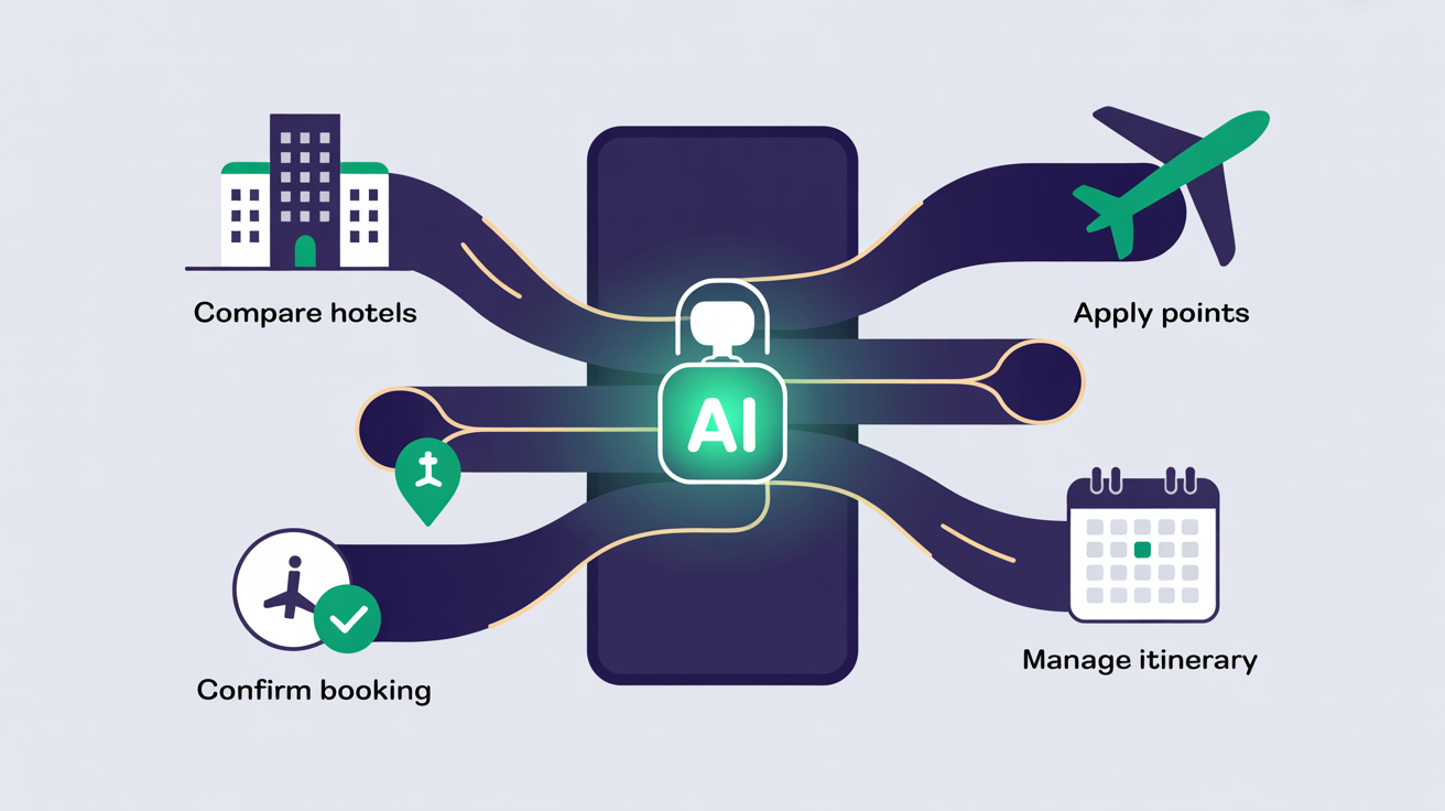 Agentic AI travel workflow: phone hub compares hotels, uses loyalty points, books stays, and manages itineraries
