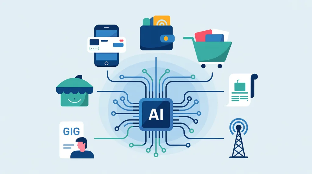Alternative data sources feeding an AI credit scoring processor in a hub-and-spoke diagram