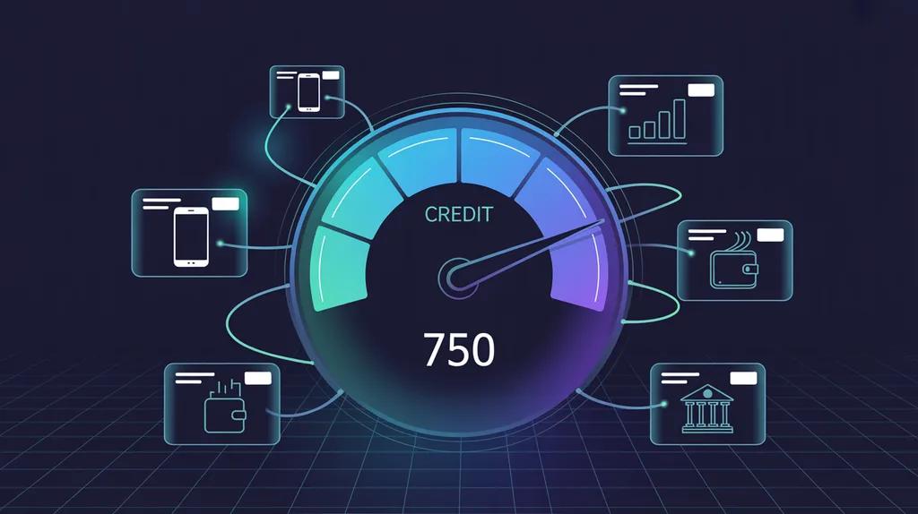 AI credit scoring dashboard with a central score gauge connected to financial data sources