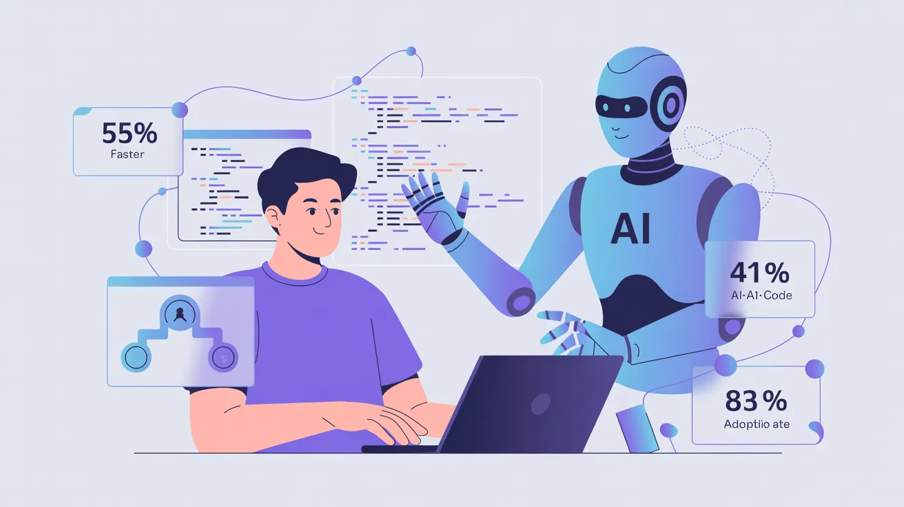 AI software development illustration with faster coding and AI-written code metrics