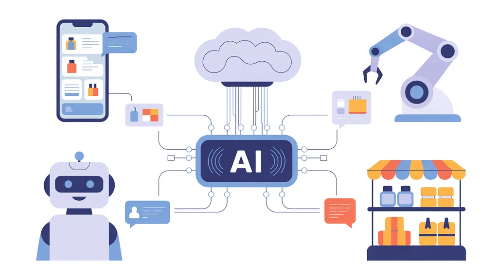 AI retail personalization diagram linking recommendations, robots, chatbots, and smart price tags AI retail personalization diagram linking recommendations, robots, chatbots, and smart price tags