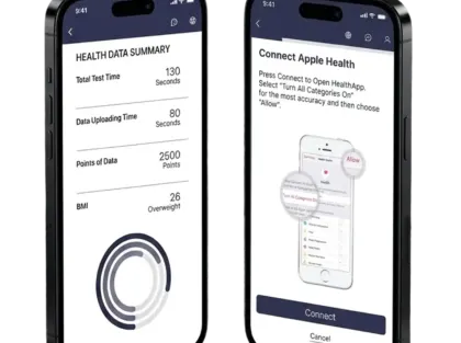 Two smartphones showing an employee wellness app: a "Health Data Summary" screen with test time, data points and BMI, and a "Connect Apple Health" permission screen with a Connect button