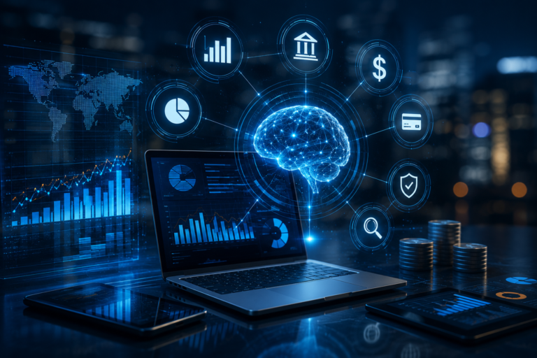 Digital brain with finance icons above a laptop showing charts, illustrating AI tools for finance in 2026