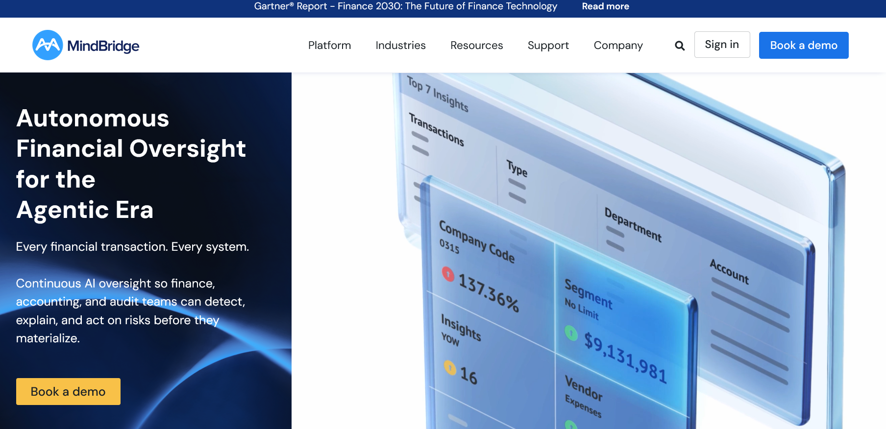 MindBridge homepage "Autonomous Financial Oversight for the Agentic Era" with a transaction risk insights dashboard
