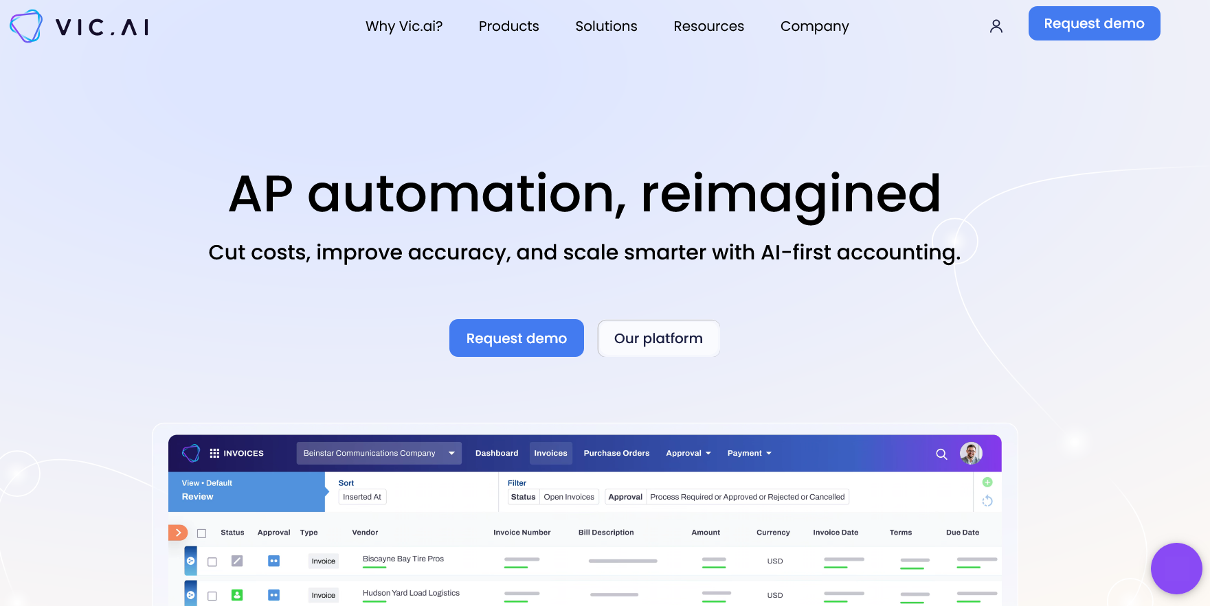 Vic.ai homepage "AP automation, reimagined" with an invoice review dashboard listing vendor invoices