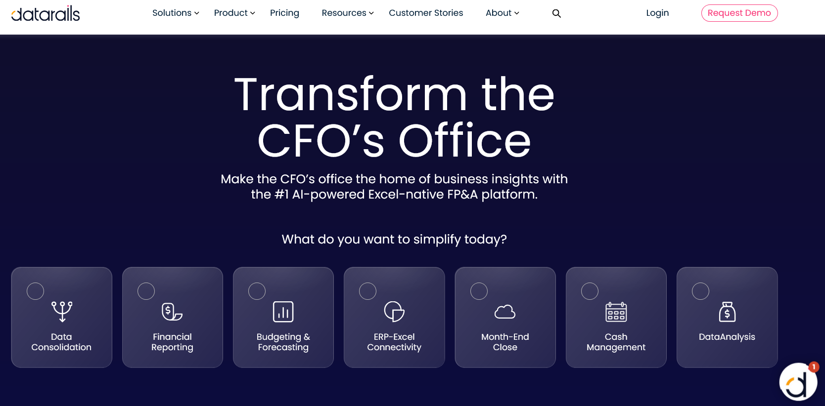 Datarails homepage headline "Transform the CFO's Office" with tiles for consolidation, reporting, budgeting and cash management