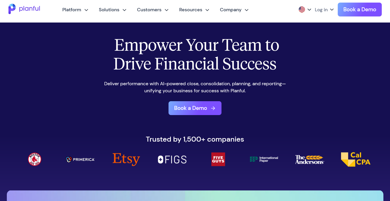 Planful homepage "Empower Your Team to Drive Financial Success" with customer logos including Etsy, FIGS and Primerica