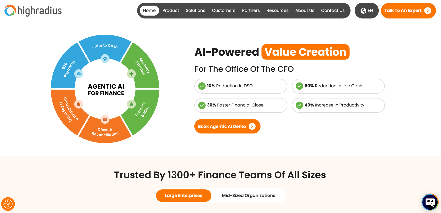 HighRadius homepage showing its Agentic AI for Finance wheel and metrics like 30% faster financial close