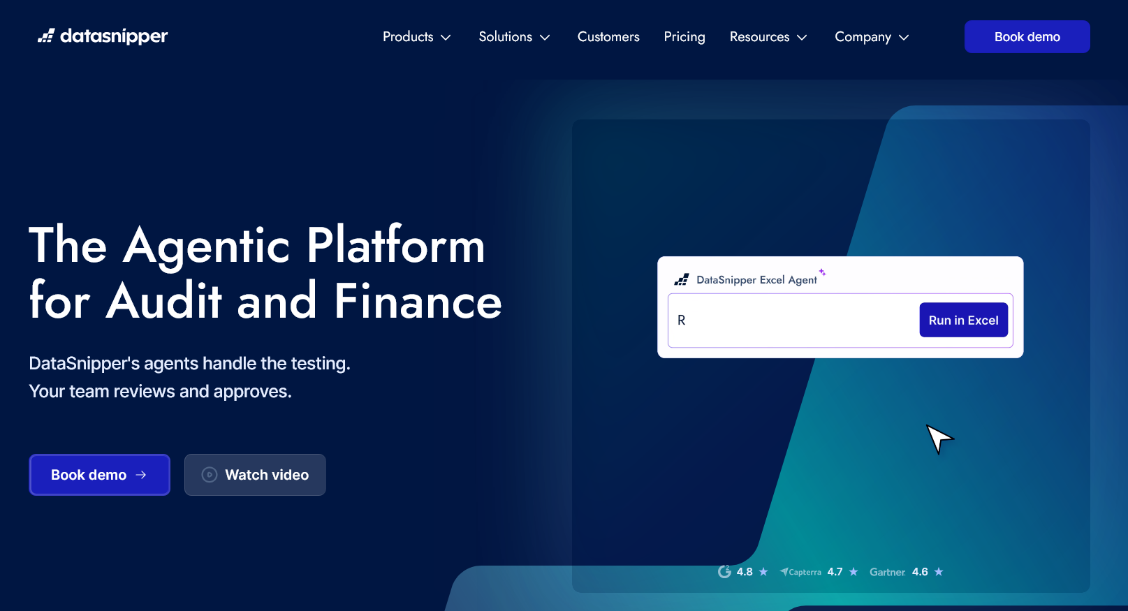 DataSnipper homepage "The Agentic Platform for Audit and Finance" with its Excel Agent panel