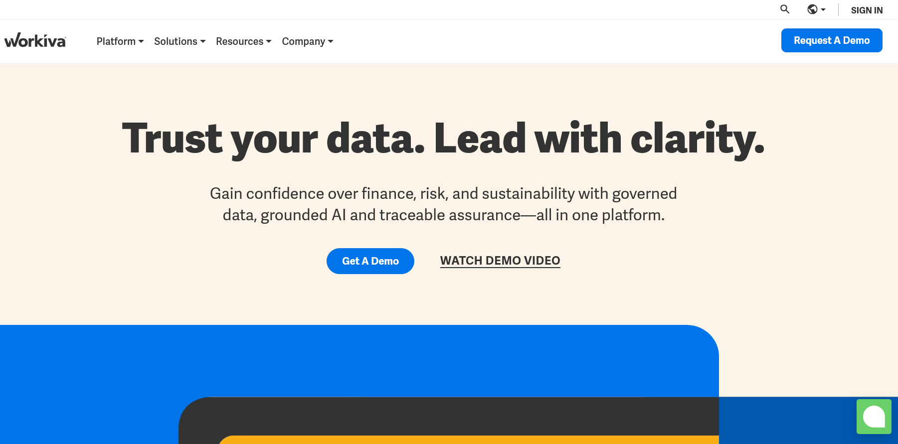 Workiva homepage "Trust your data. Lead with clarity." describing governed finance, risk and sustainability reporting