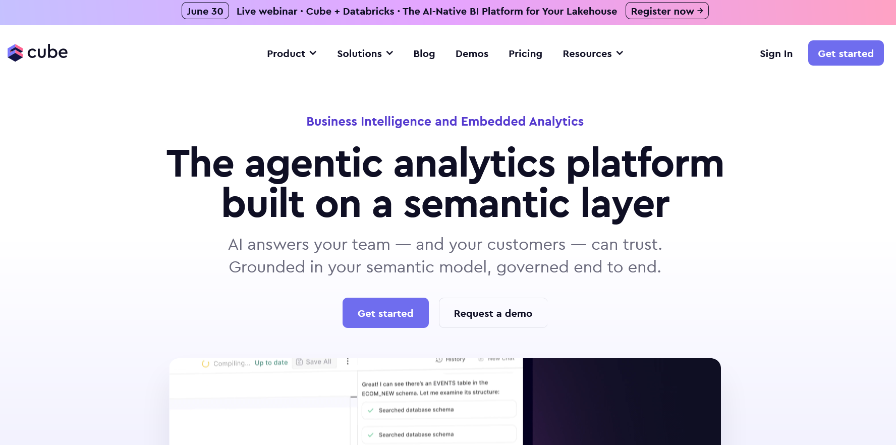 Cube homepage presenting an agentic analytics platform built on a semantic layer