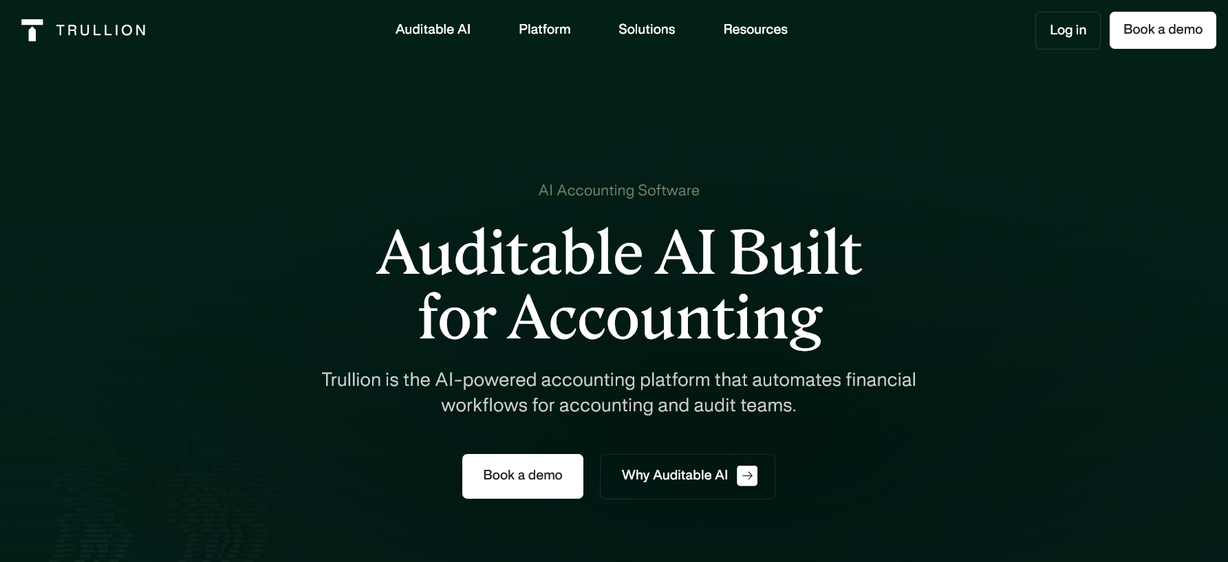 Trullion homepage "Auditable AI Built for Accounting" describing automated workflows for accounting and audit teams