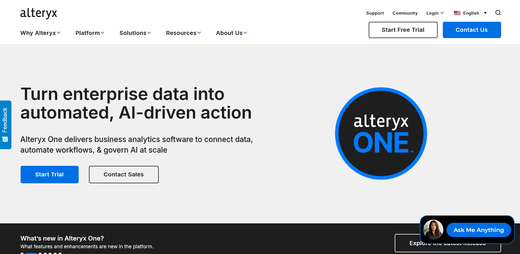 Alteryx homepage "Turn enterprise data into automated, AI-driven action" with the Alteryx One badge