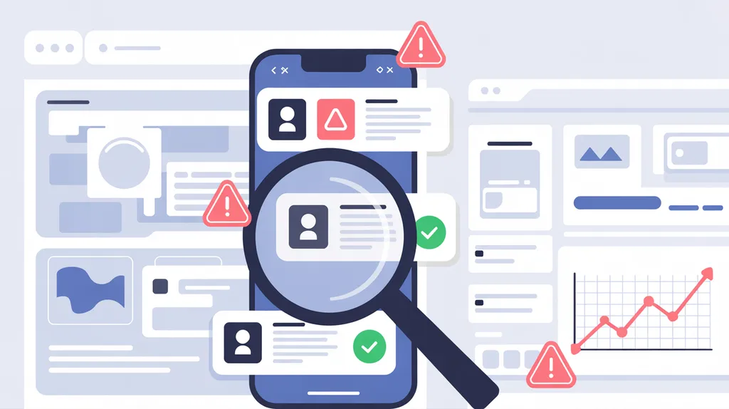 Phone screen with crash alerts and a magnifying glass over app bug fixes and performance tuning