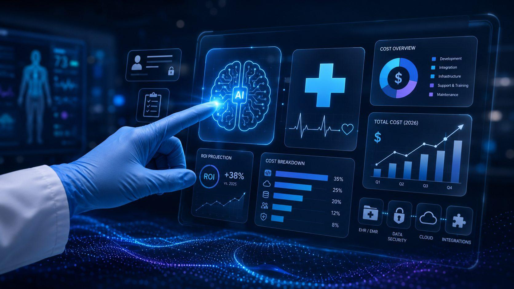 Gloved hand touching a holographic healthcare AI dashboard with an AI brain, cost overview donut chart, ROI projection and a 2026 total-cost breakdown