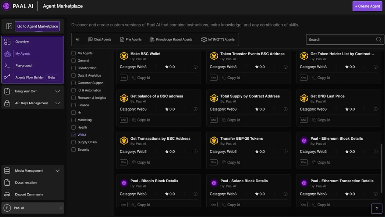 PAAL AI Agent Marketplace listing Web3 crypto agents for wallets, token transfers and blockchain data across BSC, Ethereum, Bitcoin and Solana