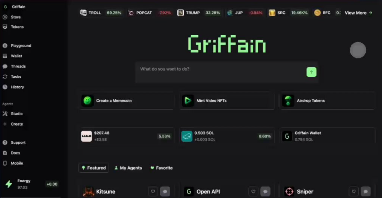 Griffain crypto AI agent dashboard with prompts to create a memecoin, mint video NFTs and airdrop tokens, plus wallet balances and featured agents