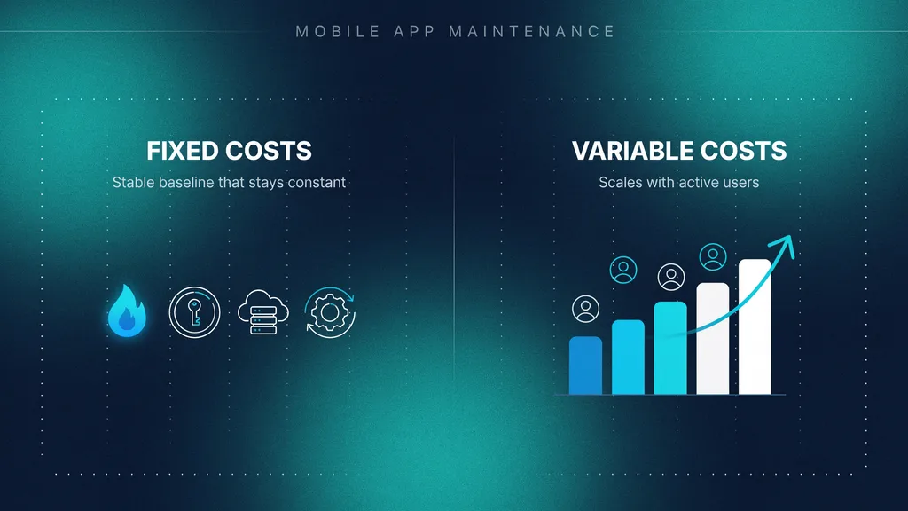 Split graphic comparing fixed and variable mobile app maintenance cost components