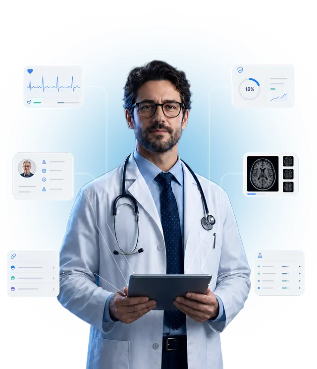 Doctor in a white coat with a stethoscope holding a tablet, surrounded by digital healthcare panels displaying an ECG, brain MRI scans, patient data, and laboratory results.