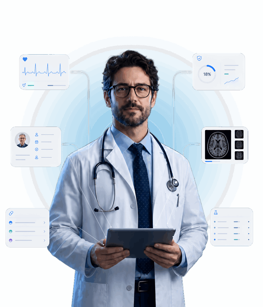 Doctor in a white coat with a stethoscope holding a tablet, surrounded by digital healthcare panels displaying an ECG, brain MRI scans, patient data, and laboratory results.