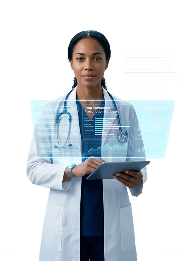 Healthcare professional using an AI-powered medical data platform on a tablet